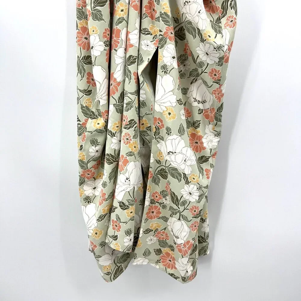 Abercrombie & Fitch Sage Green Floral Midi Dress Front Tie V-Neck Sleeveless XXL